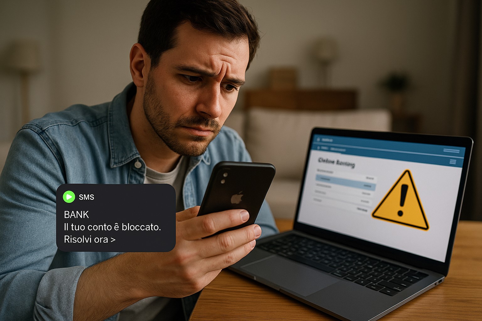 Persona che verifica una possibile truffa bancaria sul conto