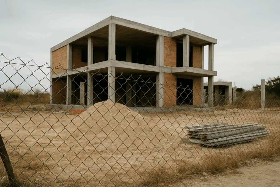 Cantiere fermo con lavori interrotti e materiali abbandonati