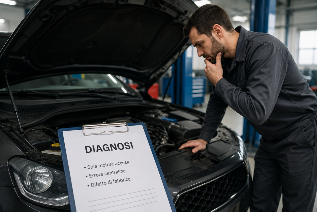 Auto nuova con difetto di fabbrica sottoposta a diagnosi in officina