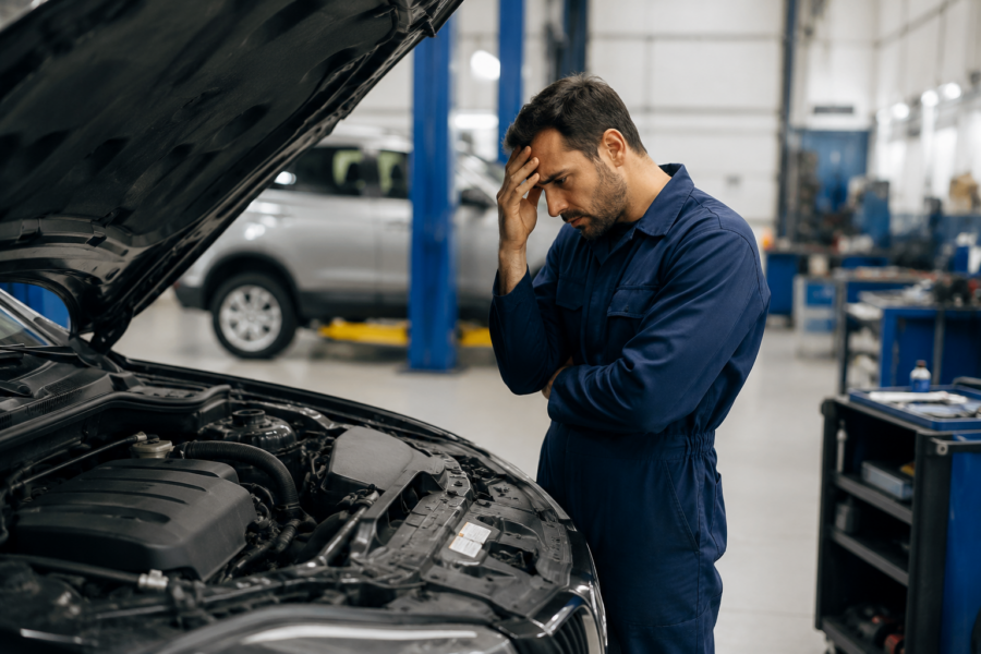 Auto ferma in officina durante una riparazione in garanzia