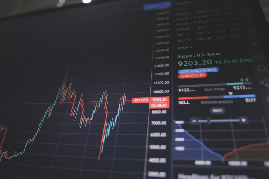 Schermo con grafico di trading online e dati finanziari